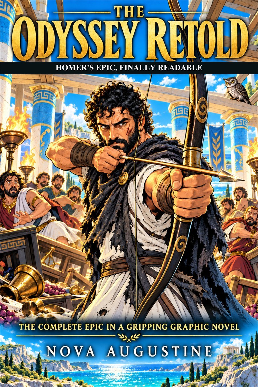 Cover of The Odyssey Retold: Odysseus drawing his bow in the great hall, under a blue sky.
