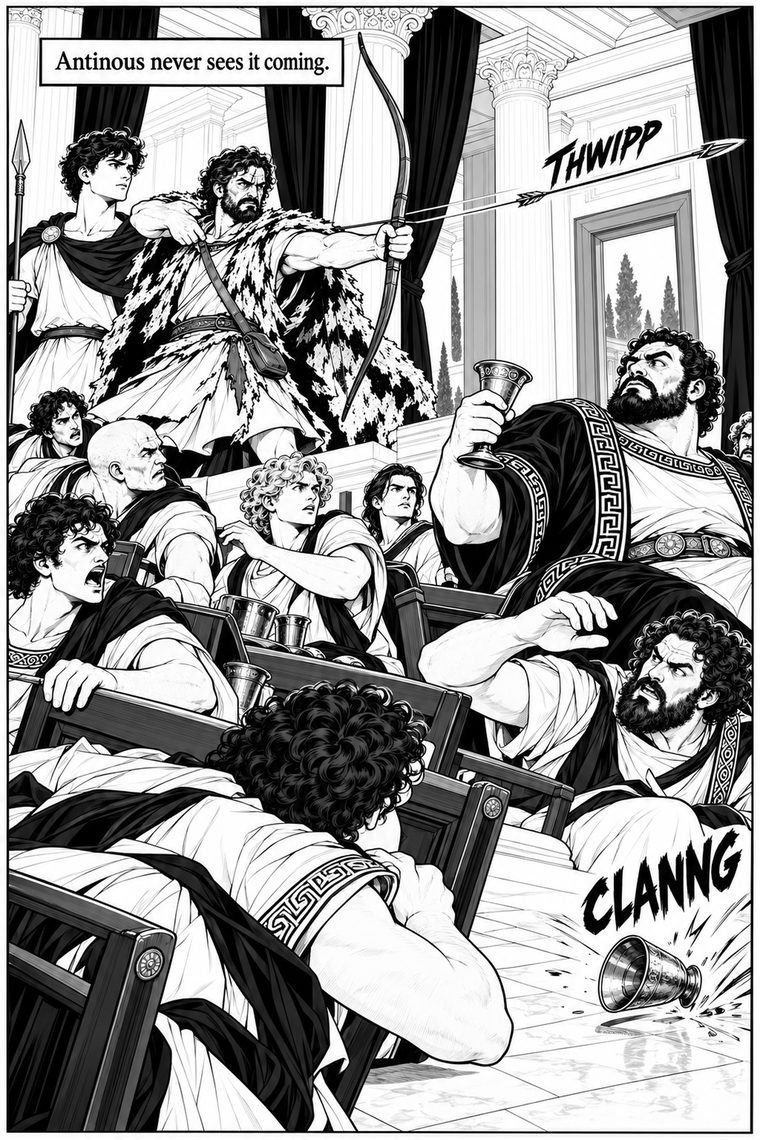 The full-page splash of the first arrow in the great hall.