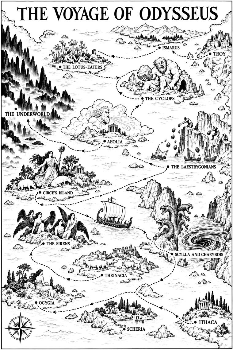 The map of the voyage of Odysseus from the book.